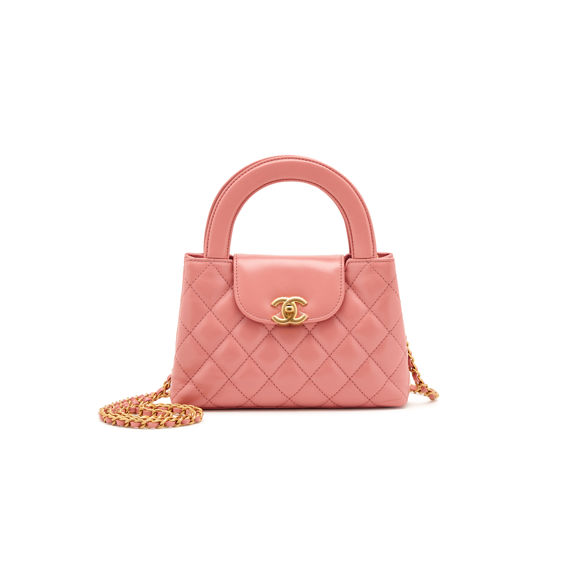 Ch*el master pink quilted calfskin mini kelly shopper brushed gold hardware as4416 (19*13*7cm)